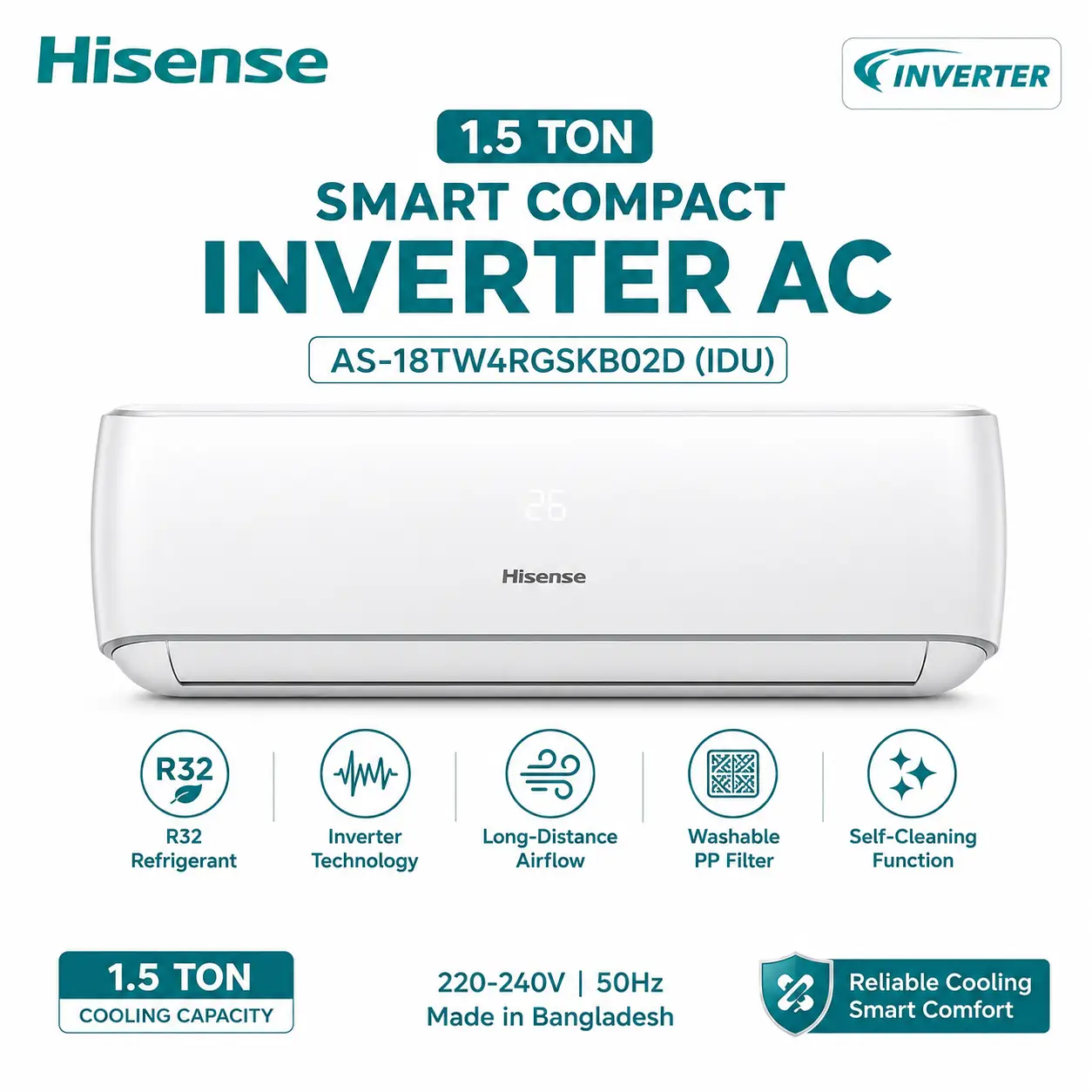 Hisense 1.5 Ton Smart Compact Inverter AC AS-18TW4RGSKB02D Price and Specifications in Bangladesh